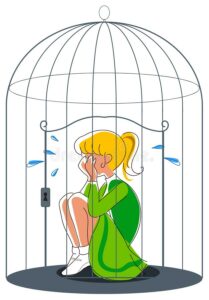 girl crying in a cage